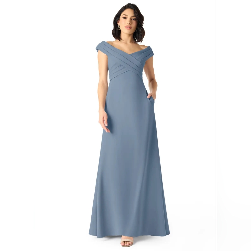 Azazie Evita Dusty Blue A-Line Off the Shoulder Stretch Crepe Dress